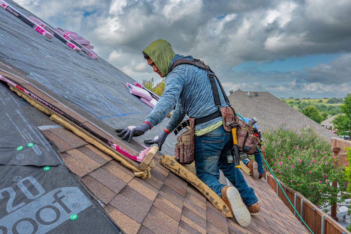 A harnessed roofer installing asphalt shingles on a pitched roof